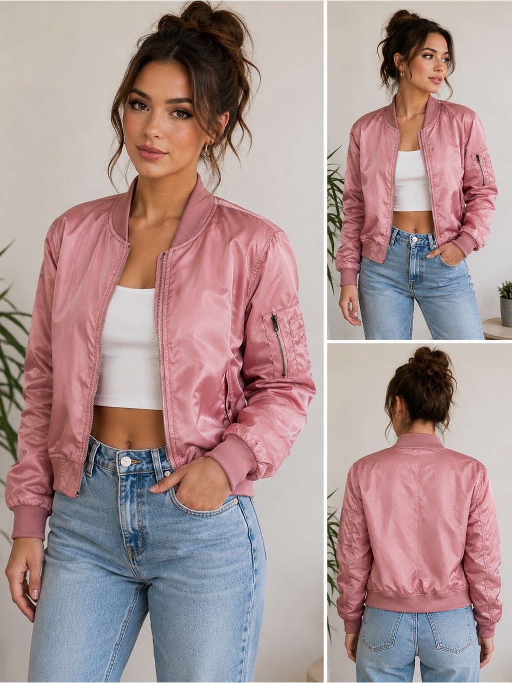 Lock & Love Pink Satin Bomber Jacket Women’s Medium Lightweight MA-1 Style